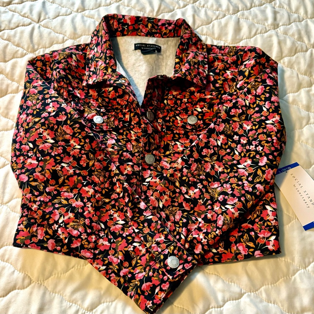 NWT Social Standard Floral Denim Jacket Girl's L 10/12 Perfect For Valen…